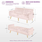 TYBOATLE 65" W Velvet Modern Convertible Folding Futon Couch Sofa Bed w/ 2 USB Charging Ports and arms, Loveseat for Compact Living Space, Dorm, Game Studio, Bonus Room, Apartment, Bedroom (Pink) TYBOATLE