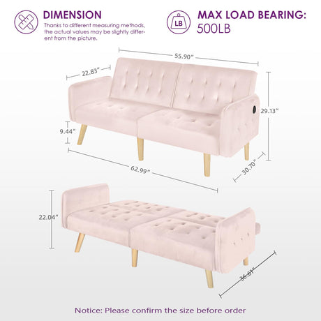 TYBOATLE 65" W Velvet Modern Convertible Folding Futon Couch Sofa Bed w/ 2 USB Charging Ports and arms, Loveseat for Compact Living Space, Dorm, Game Studio, Bonus Room, Apartment, Bedroom (Pink) TYBOATLE