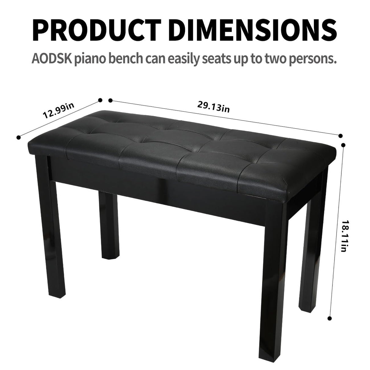 AODSK Black Wooden Duet Piano Bench with Padded Cushion and Storage Compartment AODSK