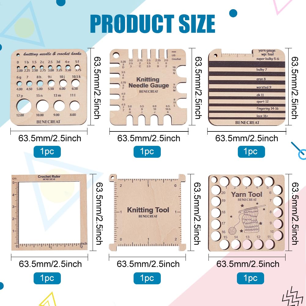 BENECREAT 6 Styles Wood Knitting Gauge Rulers, Crochet Hook and Yarn Wrap Per Inch Guide Knitting Tool for Spinners Yarn Measuring Crochet Accessories BENECREAT