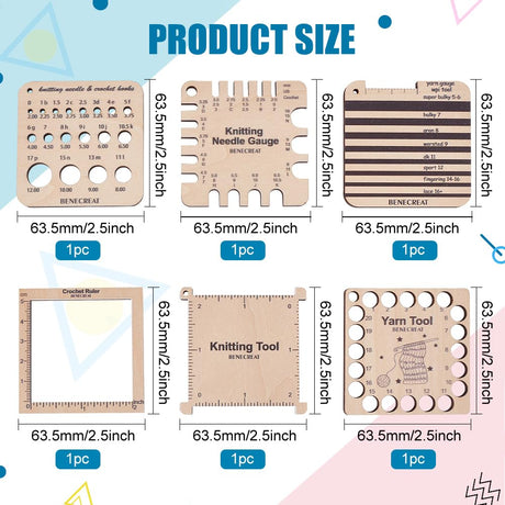 BENECREAT 6 Styles Wood Knitting Gauge Rulers, Crochet Hook and Yarn Wrap Per Inch Guide Knitting Tool for Spinners Yarn Measuring Crochet Accessories BENECREAT