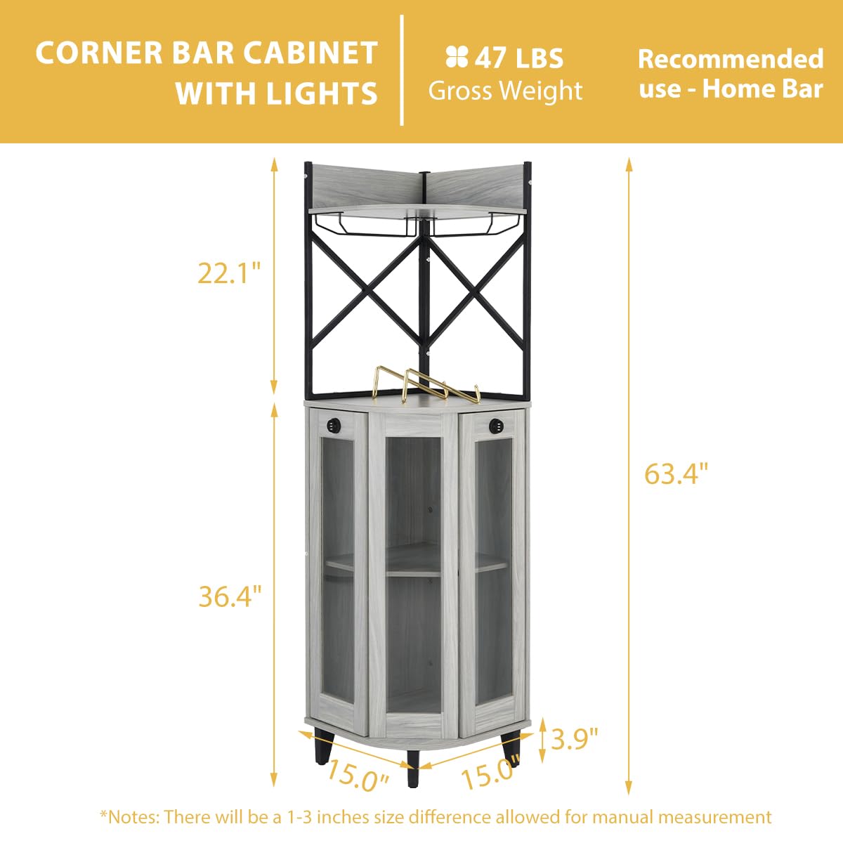 COCO DESIGN Corner Wine Cabinet with Locking Door, Lockable Liquor Bar Cabinet with Light, Whiskey Bar with Glass Door Storage for Home Kitchen, Farmhouse, 2 Glass Holders & 2 Wine Holders, G - WoodArtSupply