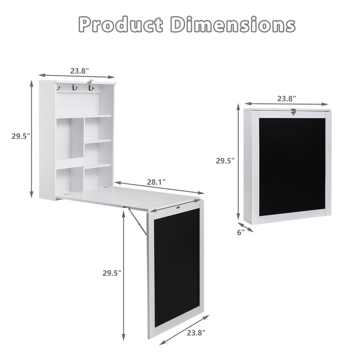 JAXPETY Wall Mounted Fold Out Desk with Storage Shelves Convertible Floating Desk Space Saving Wall Mount Table with Blackboard, White JAXPETY