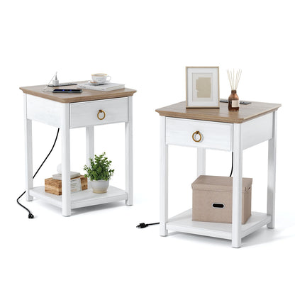 End Table with Charging Station,Set of 2,Farmhouse Nightstand with Storage,Square Side Table with Drawer,White End Tables Living Room,Bedroom,Solid Wood Bedside Table,Modern Sofa Side Table,W - WoodArtSupply