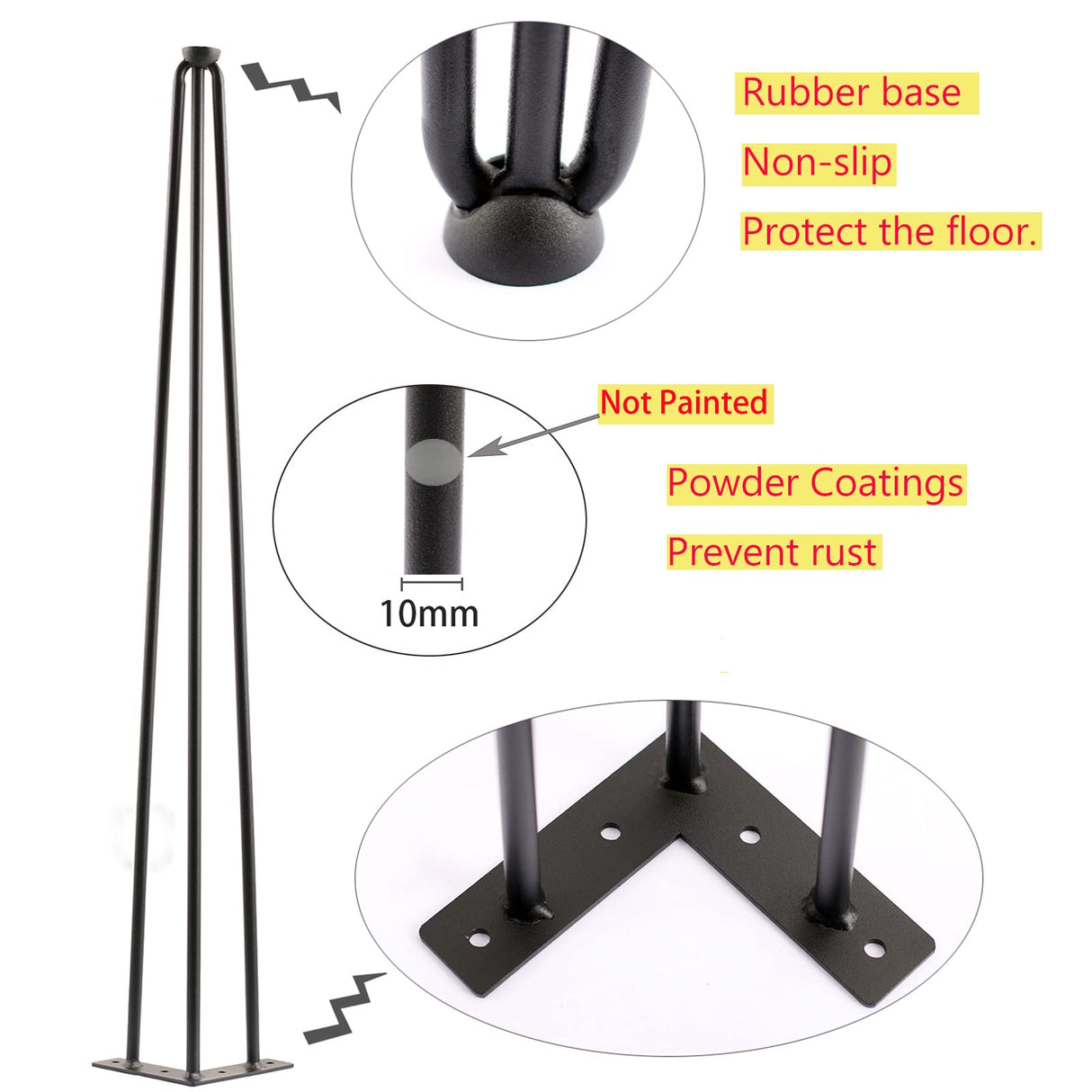 SPACEEUP 30" Hairpin Table Legs, 4PCS Coffee Desk Legs with Rubber Floor Protectors, 880lbs Load Capacity, Heavy Duty Black Metal Furniture Legs 3 Rods for DIY Bench Desk Dining End Table Chairs SPACEEUP