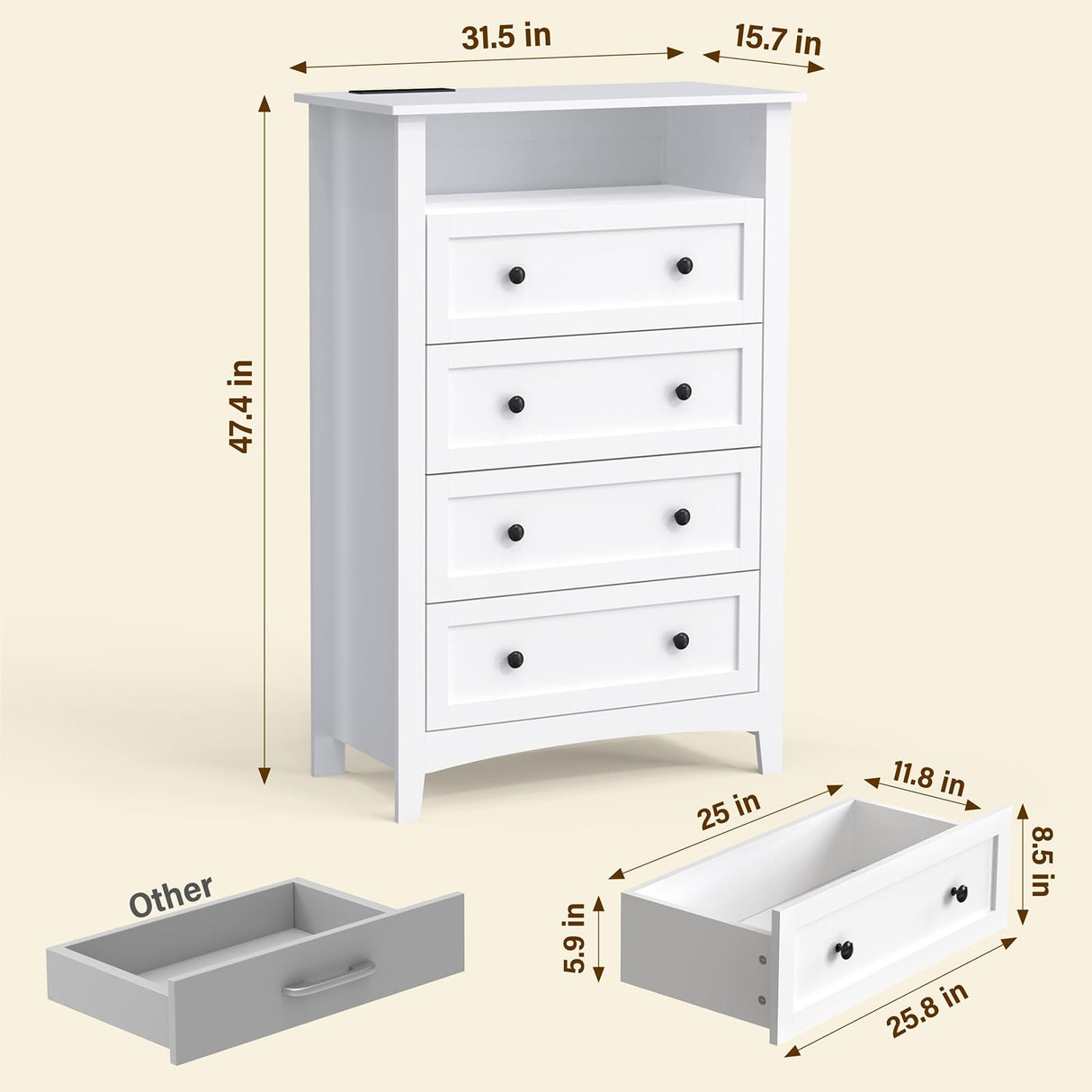 HAIOOU 4 Drawer Dresser with Open Storage Shelf, 47.4" Tall Chest of Drawers Vertical Wooden Clothing Organizer with Power Outlets and Ambiance Light for Bedroom, Closet, Hallway - Modern White HAIOOU