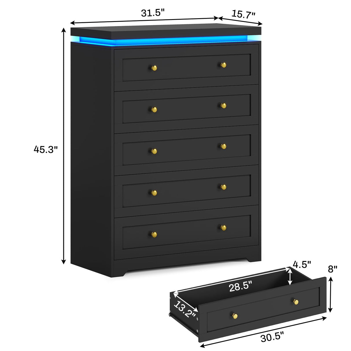 AOGLLATI Black Dresser for Bedroom,5 Drawer Dresser with Led Lights,Modern Led Tall Bedroom Dresser with Top Floating Design for Bedroom Hallway,Black AOGLLATI