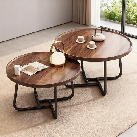Windpost Round Nesting Coffee Table Set of 2, 28" Round Walnut with Fluted,Mid Century Modern,Center for Living Room Bedroom Office Balcony Yard Windpost