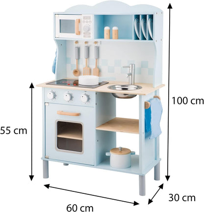 New Classic Toys Blue Wooden Pretend Play Toy Kitchen for Kids with Role Play Bon Appetit Electric Cooking Included Accesoires Makes Sound - WoodArtSupply