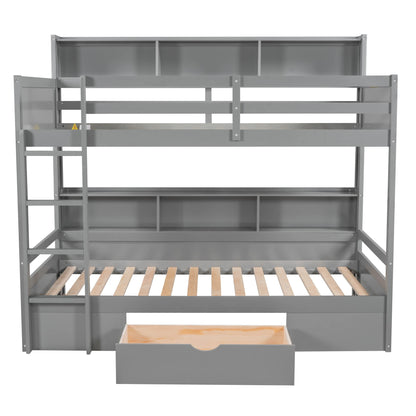 Harper & Bright Designs Twin Over Twin Bunk Bed with Storage Drawer, Solid Wood Bunk Bed with Built-in Shelves Beside Both Upper and Down Bed, for Kids Teens Adults (Gray)