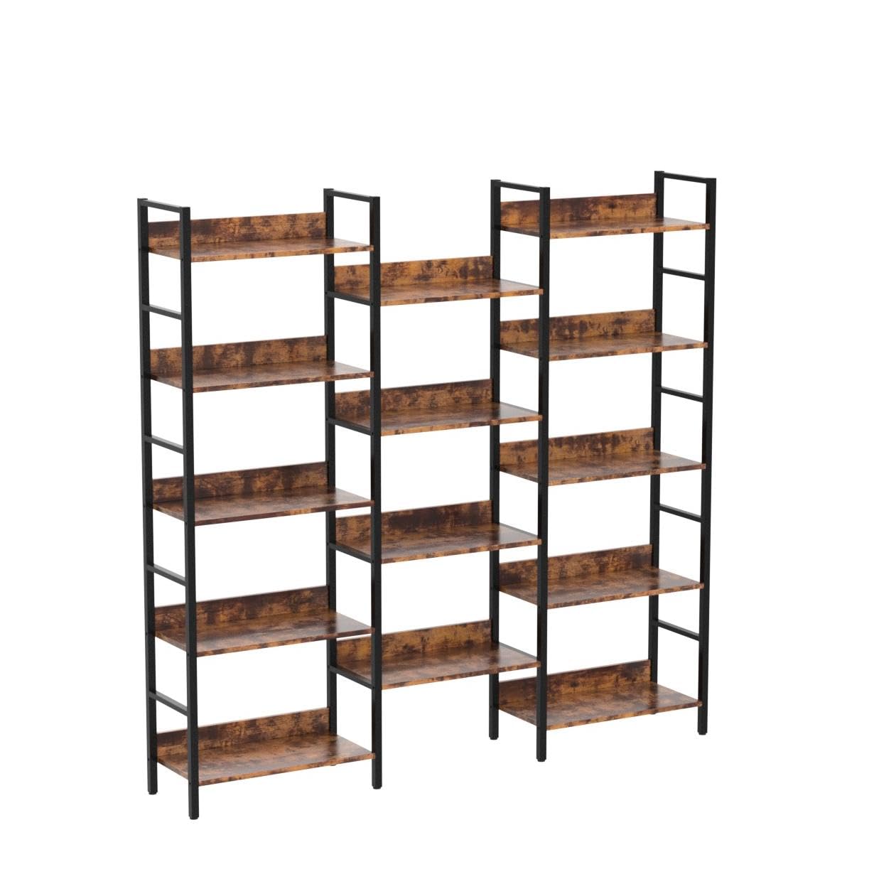 Triple Wide Industrial Bookshelf with 5 Tiers and Metal Frame by IRONCK - WoodArtSupply