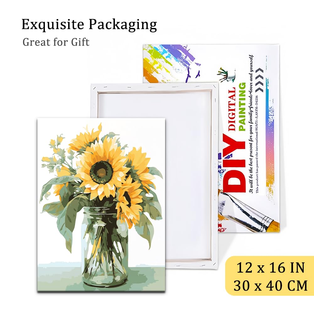 Natuyalo Paint by Numbers Kit for Adults Beginners, 12" Wx16 L Painting by Numbers Kit on Canvas Acrylic Drawing Kits Ready to Stretch and Framed, Sunflower in Vase Natuyalo