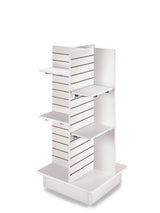 SSWBasics Durable White Slatwall Tower for Retail: Premium Slatwall Display Panels | Versatile Slatwall Gondola Solution 4-Panel White Slatwall Tower with Casters and Shelves (23"L x 23"W x 54"H) SSWBasics