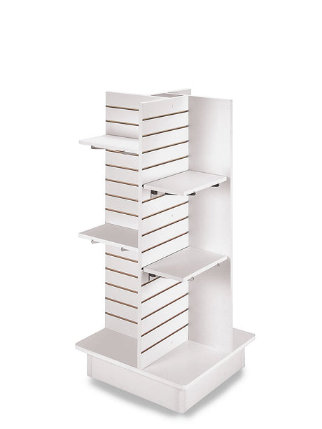 SSWBasics Durable White Slatwall Tower for Retail: Premium Slatwall Display Panels | Versatile Slatwall Gondola Solution 4-Panel White Slatwall Tower with Casters and Shelves (23"L x 23"W x 54"H) SSWBasics
