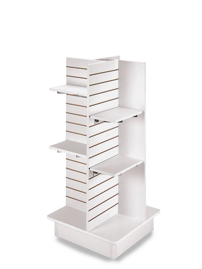 SSWBasics Durable White Slatwall Tower for Retail: Premium Slatwall Display Panels | Versatile Slatwall Gondola Solution 4-Panel White Slatwall Tower with Casters and Shelves (23"L x 23"W x 54"H)