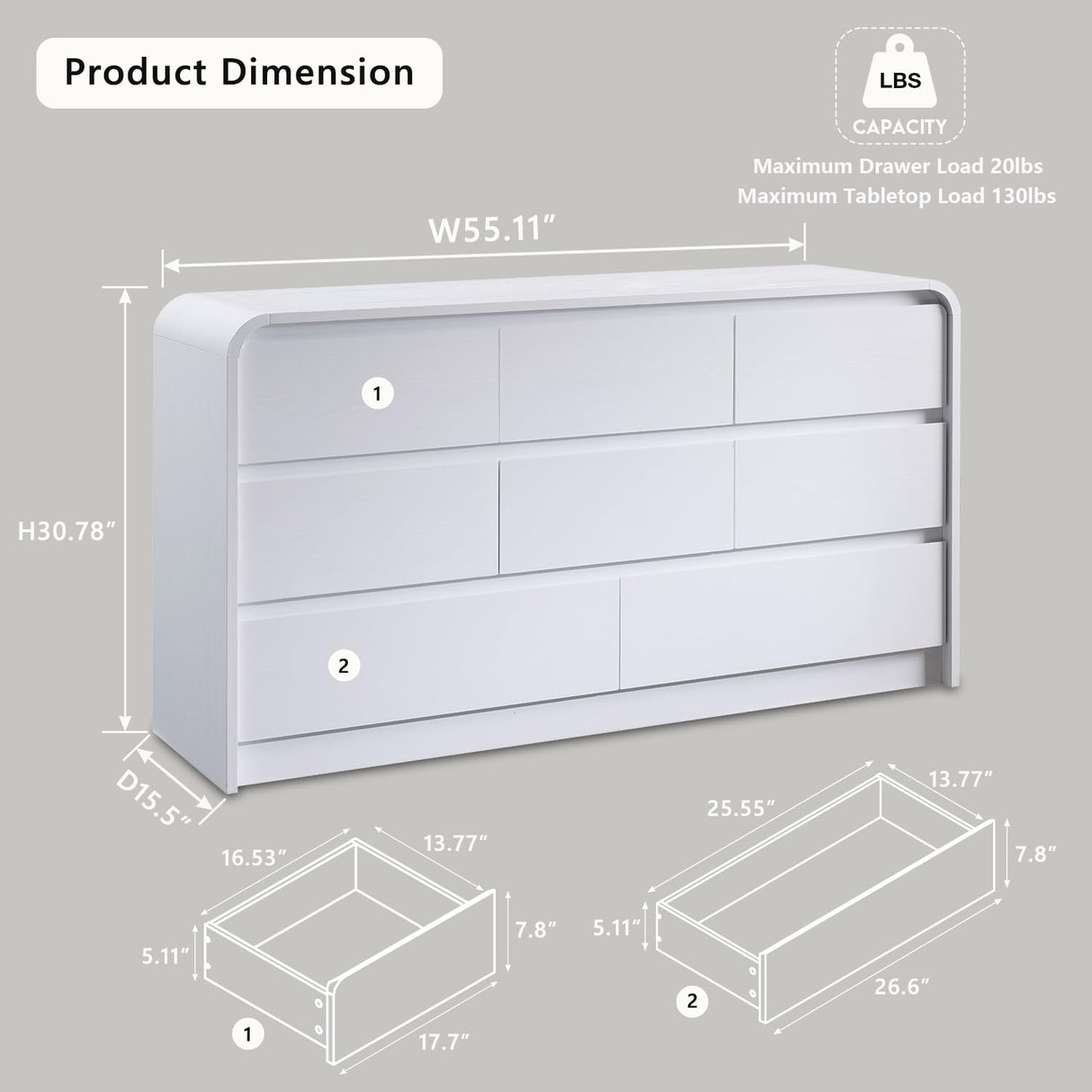 Aitjunz Modern 8 Drawers Dresser for Bedroom, 55" Wide Dressers & Chest of Drawers w/Curved Profile Design, Wood Mid Century Storage Dressers Organizer for Bedroom, Living Room, White Aitjunz
