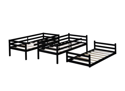 UOCFYK Triple Bunk Bed with Built-in Ladder & Full-Length Guardrails for 3 Kids, Twin Over Twin Over Twin, Space Saving Design, No Box Spring Needed, Black