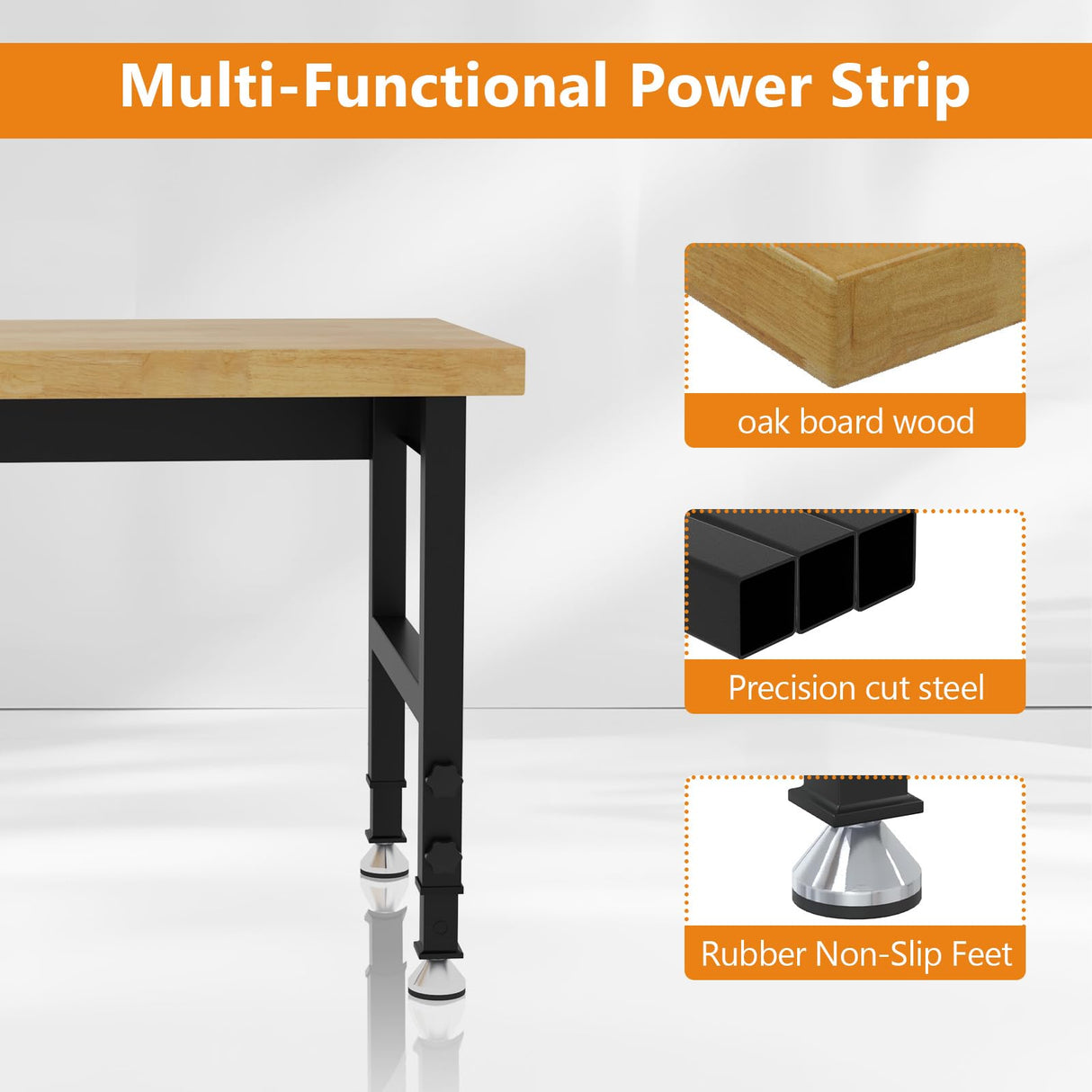 Pelnuies 48" Work Bench, Adjustable Height Workbench with Rubber Pad, Heavy-Duty Solid Wood Work Table with Power Outlets, 2000 LBS Capacity Workstation for Garage, Workshop, Office, Home Pelnuies