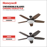 Honeywell Ceiling Fans Carmel Modern 48 Inch Ceiling Fan with Light, Remote Control Fan, LED Indoor Fan with 5 Blades, Gray Ironwood and Brown Maple Blade Finish Options, Bronze (50197-01) Honeywell