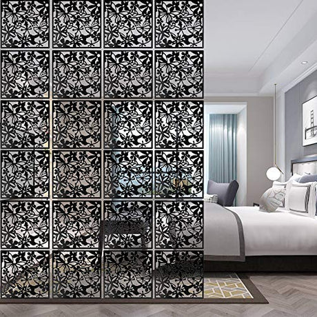 ANMINY 24 PCS Hanging Room Divider Flower Carving Pattern Panels Decorative Wall Screen Panel Hollow Out Design for Living Dining Room Kitchen Bedroom Office Bar Restaurant Home Hotel Decor - Black ANMINY