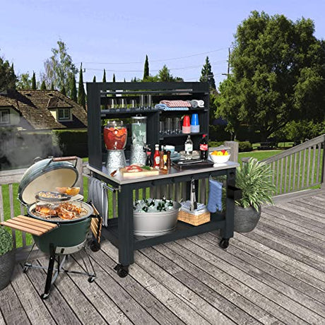 GDLF Potting Bench Table Large Outdoor Kitchen Island Prep Station with Stainless Steel Top Waterproof Cover, Hardwood, 66.9" H GDLF