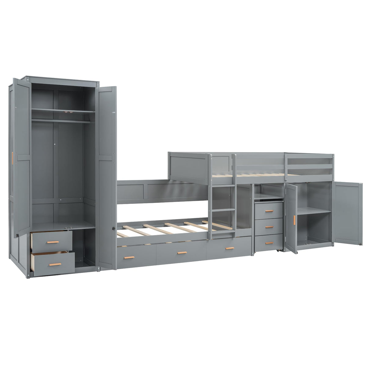 YOPTO Twin Size Bunk Bed with Trundle,Wardrobe,Desk,2 Cabinets and 5 Drawers,Multifunctional Wood Bed Frame W/Integrated Ladder,Safety Guardrails & Slats Support,Easy Assembly,for Kids,Teens,Gray YOPTO