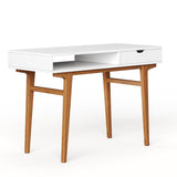 Longcoam Design White Computer Desk with Drawers - 45 inch Minimalist Small Solid Wood Mid-Century Modern Office Desk for Home - Boho Style Writing Table with Open Storage,Light Wooden Desk Workspace Longcoam Design