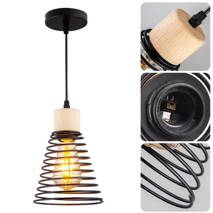 Mxsaoud Farmhouse Wood Pendant Light Fixtures,Geometric Shape,Adjustable Industrial Hanging Pendant Lighting for Kitchen Island,Vintage Black Metal Cage Pendant Ceiling Lamp for Dining Room Bedroom