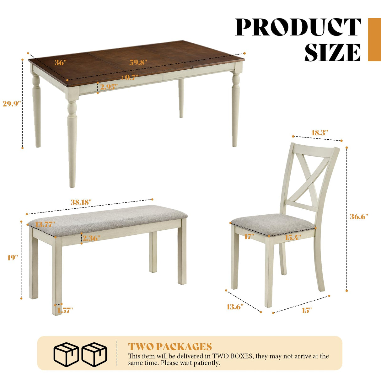 AMERLIFE 6-Piece Farmhouse Dining Table Set, 60” Solid Wood Table, 4 Upholstered Chairs and Bench, Rustic White and Walnut Finish, Seating for 6, for Kitchen or Dining Room AMERLIFE