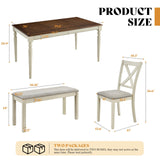 AMERLIFE 6-Piece Farmhouse Dining Table Set, 60” Solid Wood Table, 4 Upholstered Chairs and Bench, Rustic White and Walnut Finish, Seating for 6, for Kitchen or Dining Room AMERLIFE