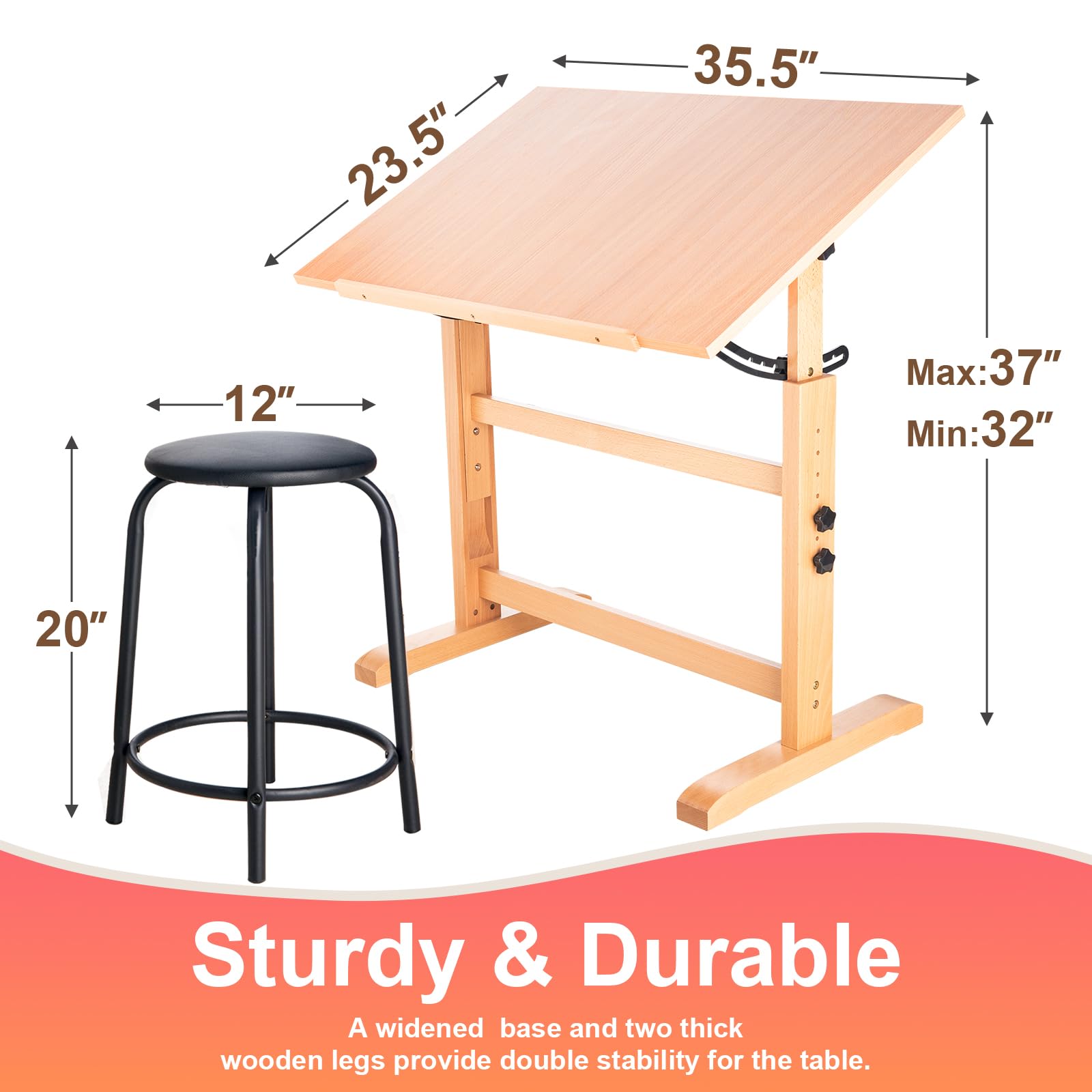 Falling in Art Wooden Drafting Table and Stool Set, 23.5" x 35.5" Adjustable Height and Angle Solid Wood Drawing Desk for Adults, Artist Craft Table for Painting Artwork, Reading, and Writing - WoodArtSupply