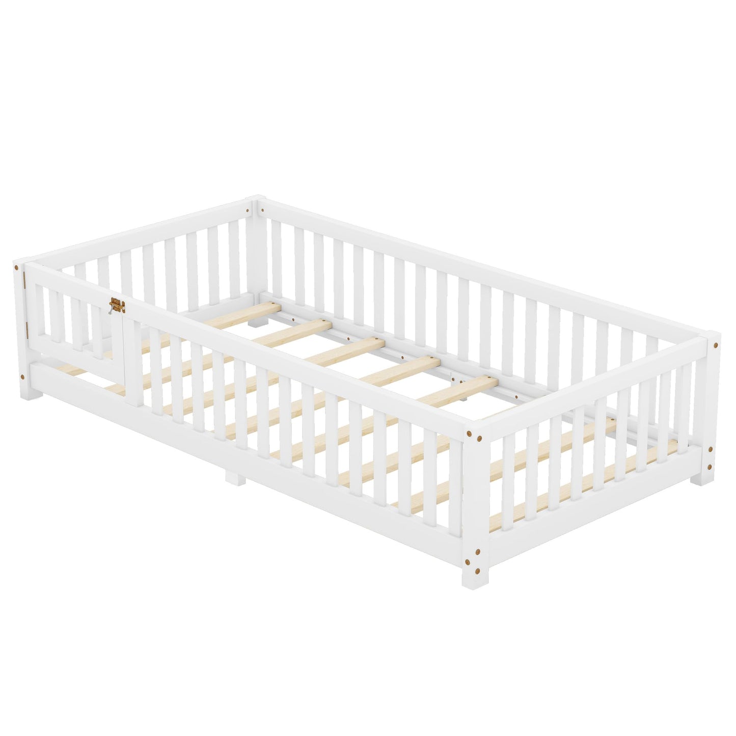 Bellemave Twin Size Montessori Floor Bed with Safety Rails and Playhouse Design in White - WoodArtSupply