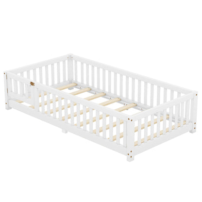 Bellemave Twin Size Montessori Floor Bed with Safety Rails and Playhouse Design in White - WoodArtSupply