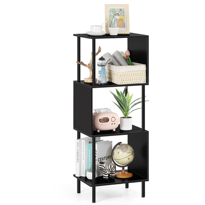 ETELI S-Shaped 4-Shelf Black Bookshelf - Free Standing Industrial Bookcase for Small Spaces - WoodArtSupply