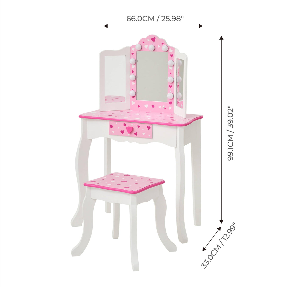 Teamson Kids Little Princess Gisele Sweethearts Print Kids Vanity Set with Matching Stool, Tri-fold Mirror with Glamour LED Lights + Storage Drawer For 3yr and up, Pretend Play House, Salon White/Pink Teamson Kids