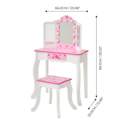 Teamson Kids Little Princess Gisele Sweethearts Print Kids Vanity Set with Matching Stool, Tri-fold Mirror with Glamour LED Lights + Storage Drawer For 3yr and up, Pretend Play House, Salon White/Pink