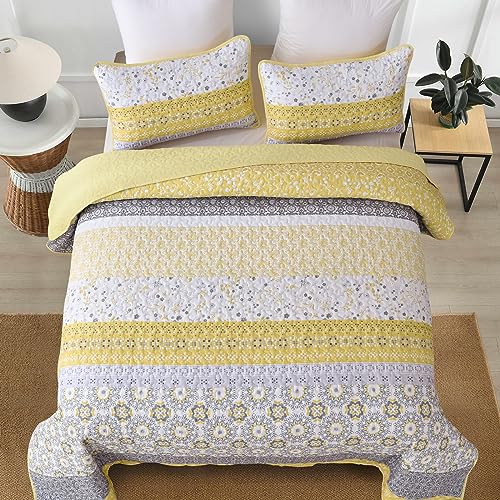WONGS BEDDING Boho Quilt Set King, Yellow Bohemian Striped Patchwork Bedspread Coverlet Set with 2 Pillowcases,Lightweight Microfiber Floral Bedding Set 104"×90" WONGS BEDDING