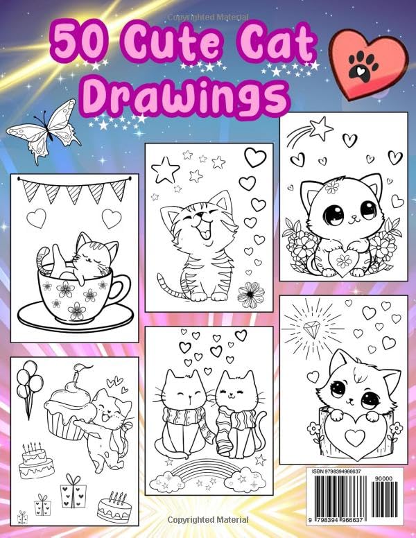 Cat, Coloring Book for Kids Ages 4-8: 50 Cute Cat Drawings, For Girls and Boys Lindesa