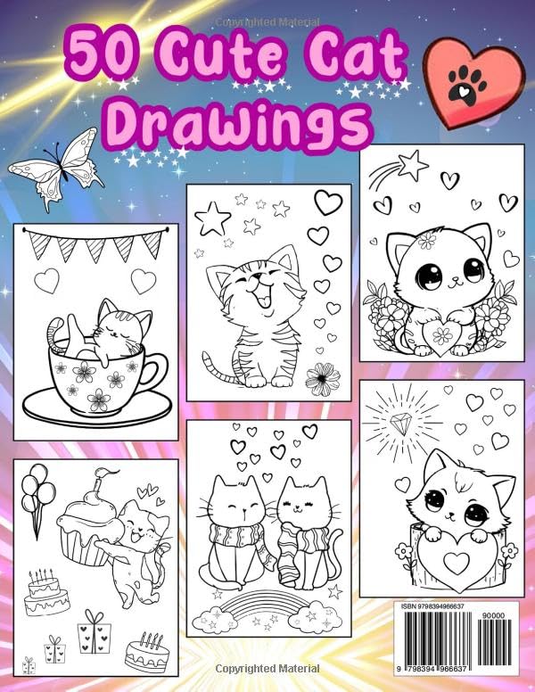 Cat, Coloring Book for Kids Ages 4-8: 50 Cute Cat Drawings, For Girls and Boys