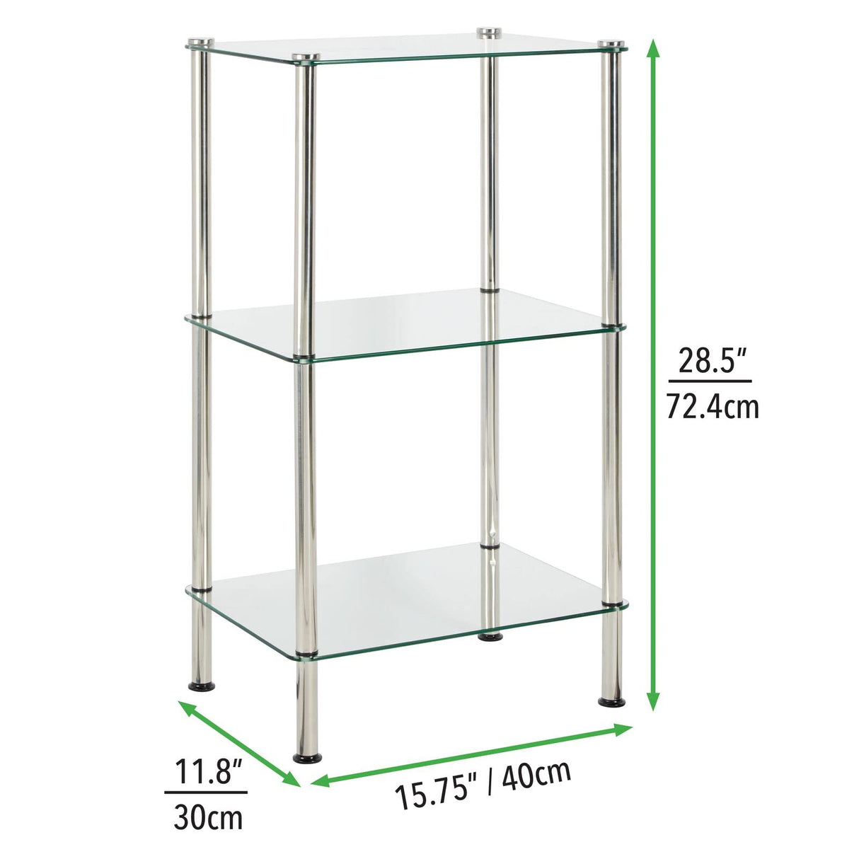mDesign Metal/Glass 3-Tier Storage Tower, Narrow Shelving Display Unit, Open Glass Shelves; Multi-Use Stand for Living Room, Bathroom, Home Office, Hallway, Bedroom Organization - Chrome/Clear mDesign