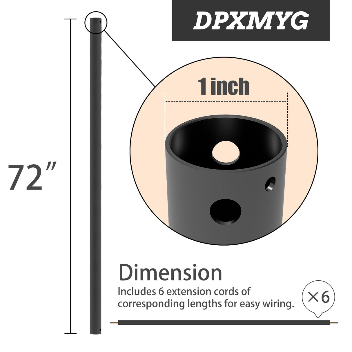 DPXMYG 72 inch Ceiling Fan Downrod with Extension Cord, 6 FT Black Downrod for Ceiling Fan, 1 inch Outside Diameter, Ceiling Fan Boom Suitable for a Wide Range of Fans (Black, Not Threaded) DPXMYG