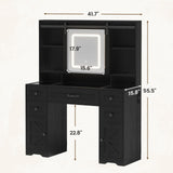 HAUOMS Vanity Desk with Sliding Mirror & LED Lights, Glass Top Farmhouse Makeup Vanity Table with Power Outlet, Rustic Dressing Table, Wood-Grain Black HAUOMS