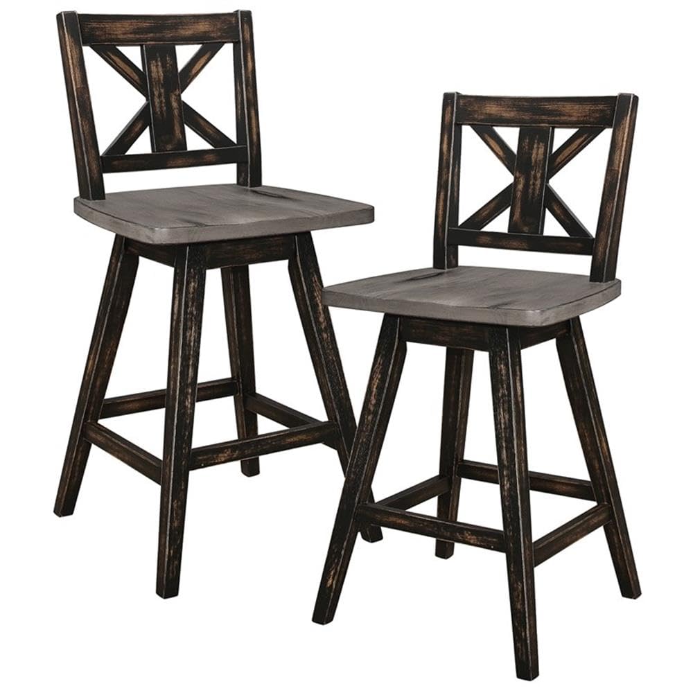 Homelegance Solid Wood Kitchen Counter Barstool with Back and Footrest, Counter Height Swivel Stool, Armless Dining Chairs for Kitchen Island, Set of 2, Black Homelegance