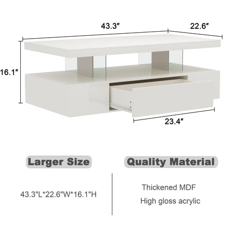 ChooChoo Modern LED Coffee Table, High Glossy Coffee Table with Drawer, Coffee Table with Storage for Living Room, Bedroom, White ChooChoo