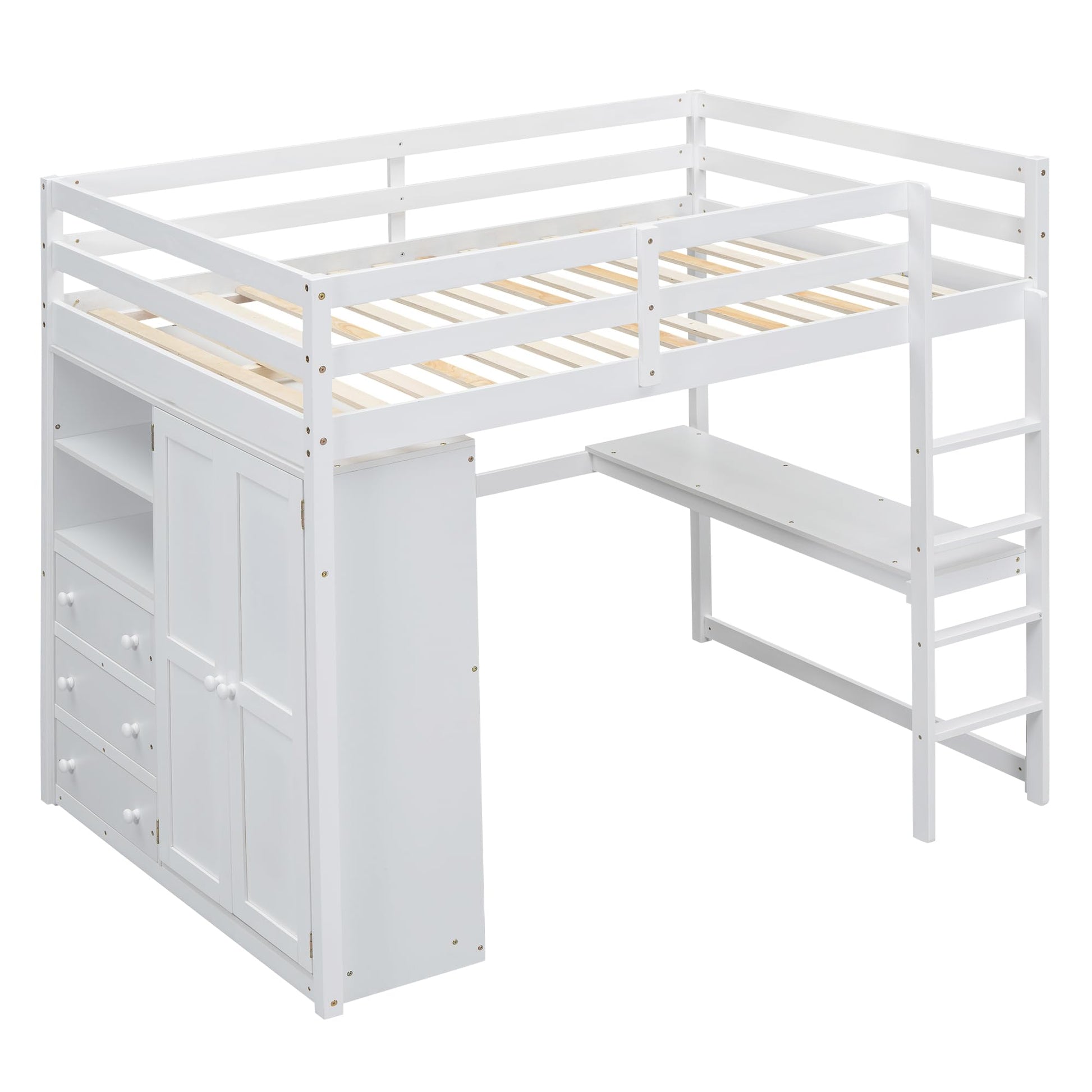 Full-Size White Loft Bed with Desk, Wardrobe, and Storage Drawers by Harper & Bright Designs - WoodArtSupply