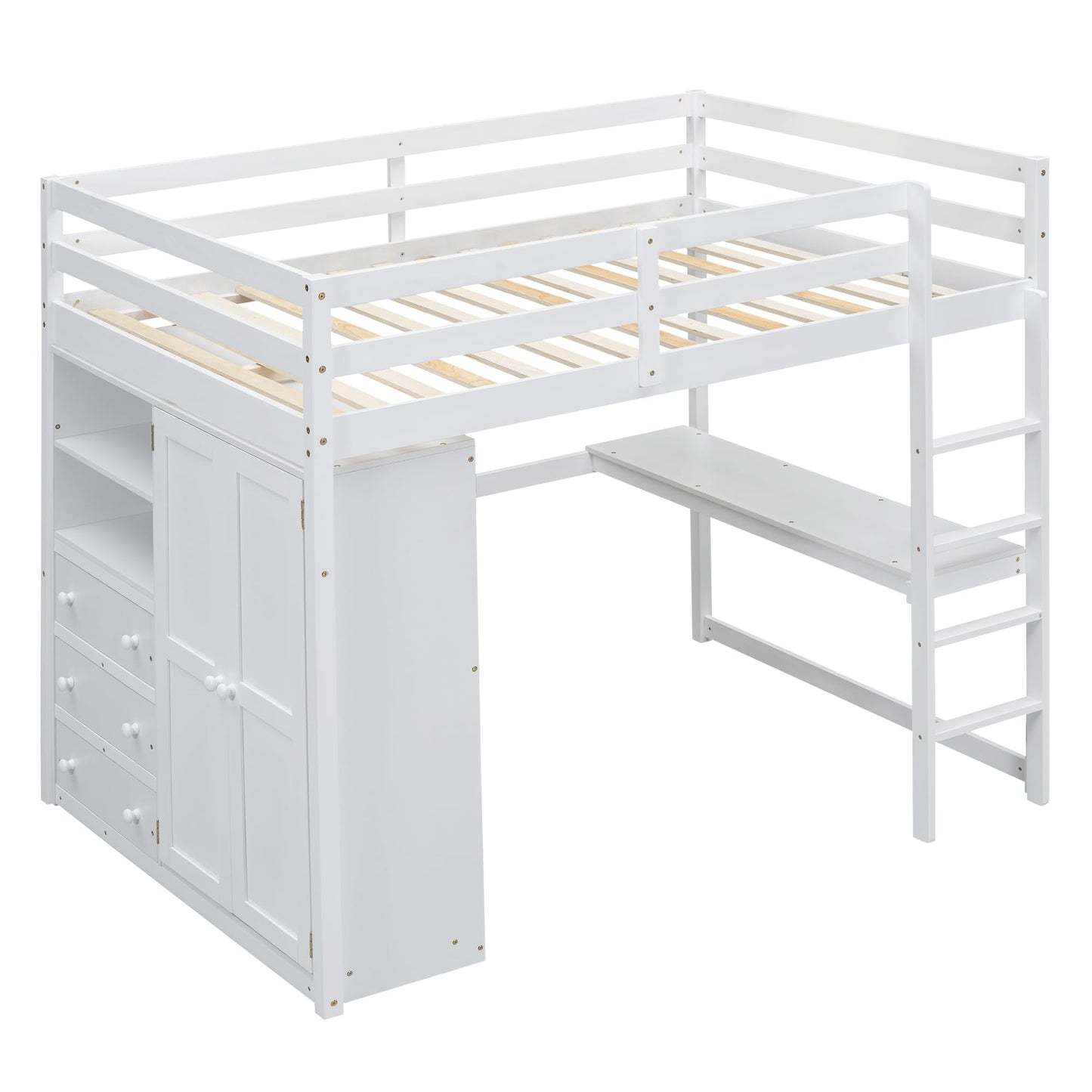 White Full Size Loft Bed with Desk & Wardrobe, Solid Wood Kids Loft Bedframe w/3 Storage Drawers & 2 Shelves, Maximum Space Design, for Bedroom, Dorm