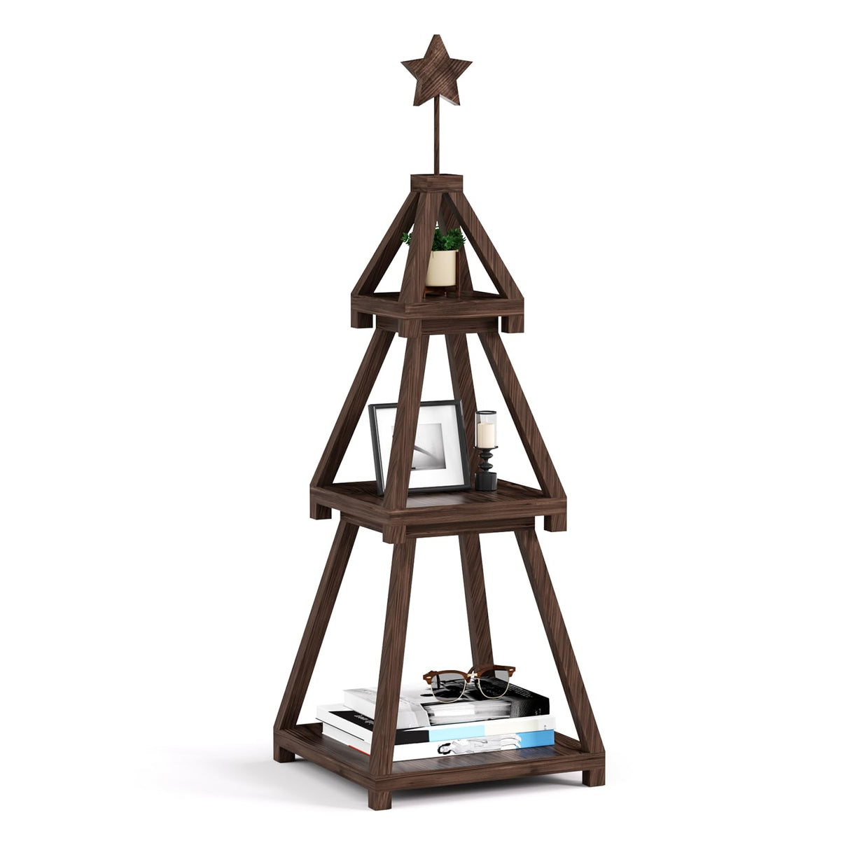 Cotata 41.3 inch 3-Tier Christmas Bookcase,Ladder Corner Solid Wood Tree Bookshelf for liveroom，Walnut Cotata
