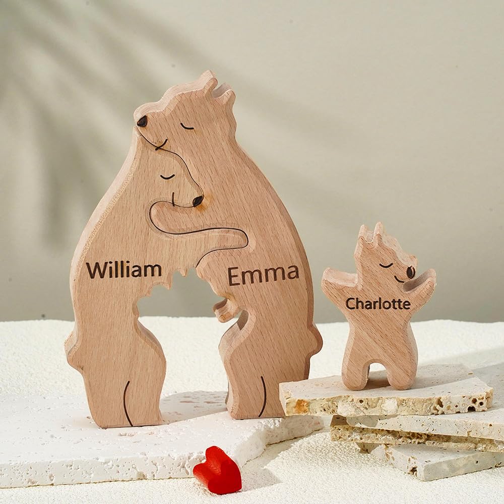 Personalized Wooden Bear Puzzle with 1-8 Family Name, Custom Family Name Sculpture - Ideal for Christmas, Birthdays, Housewarming - Unique Wooden Decor Gift for Mom and Dad - WoodArtSupply