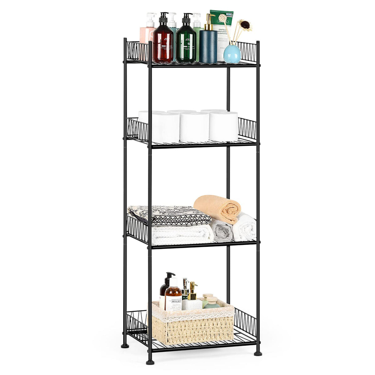 OYEAL Bathroom Shelves Freestanding Bathroom Towel Storage 4 Tier Wire Shelving Unit with Guard Bathroom Shelf Organizer Standing for Pantry Kitchen Laundry Room Organization, Black OYEAL