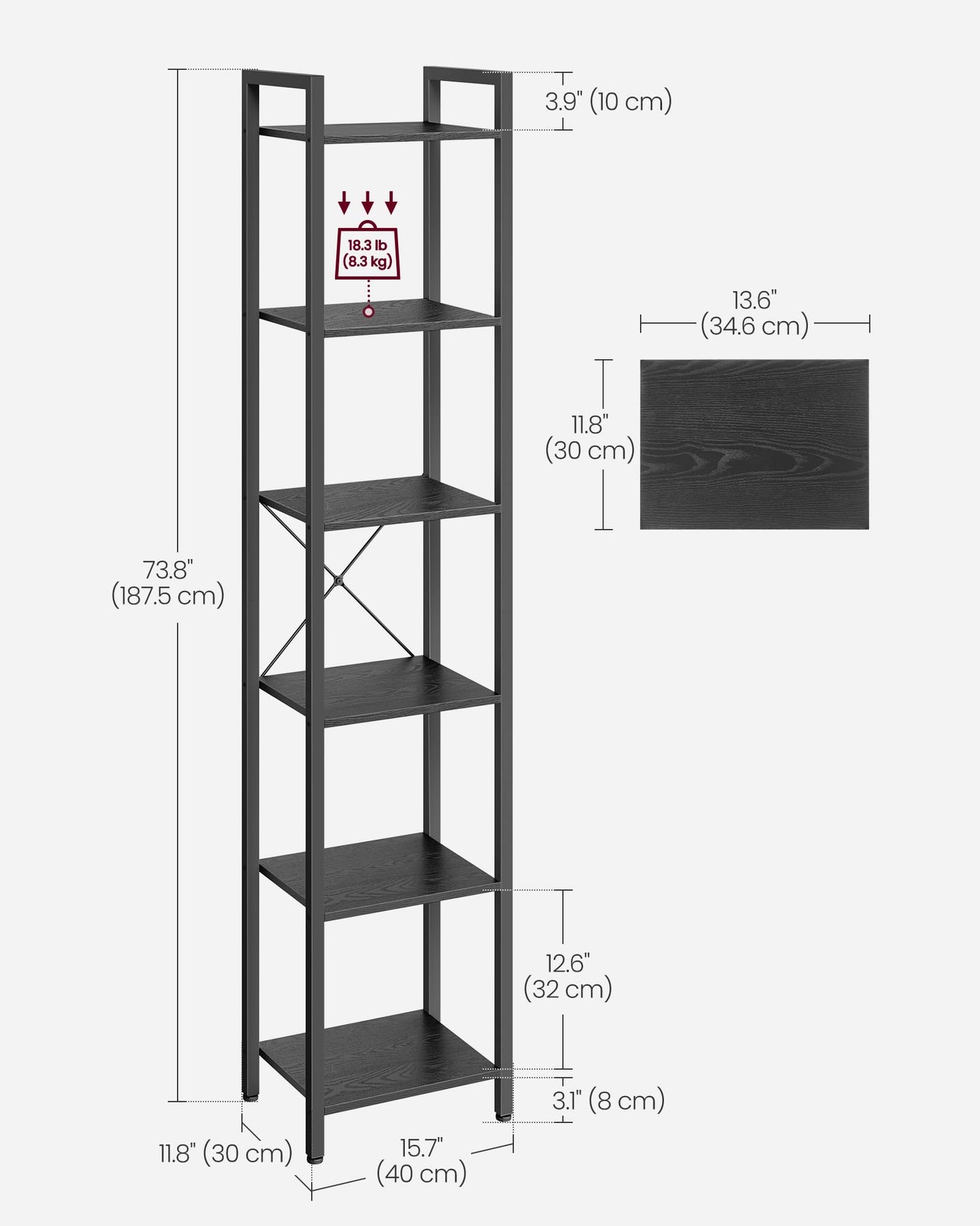 VASAGLE 6-Tier Tall Bookshelf, Narrow Bookcase with Steel Frame, Skinny Book Shelf for Living Room, Home Office, Study, 11.8 x 15.7 x 73.8 Inches, Industrial Style, Ebony Black and Black ULLS101B56